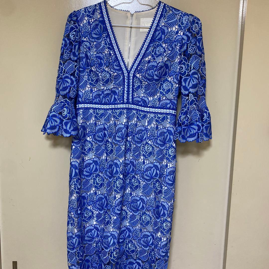 Settann 青 レース フレアスリーブ ドレス サイズ6