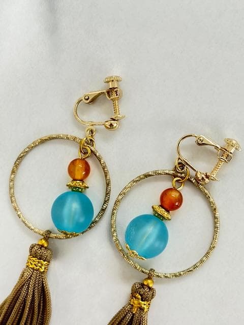 超美品★モンゴル民族衣装デール＆タッセルイヤリングセット ステージ用 水色、金茶