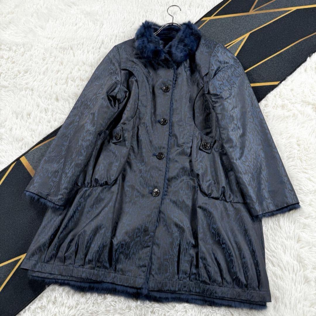 美品 総丈95㎝ ロシアリス リバーシブル コート ロング L相当 AA147