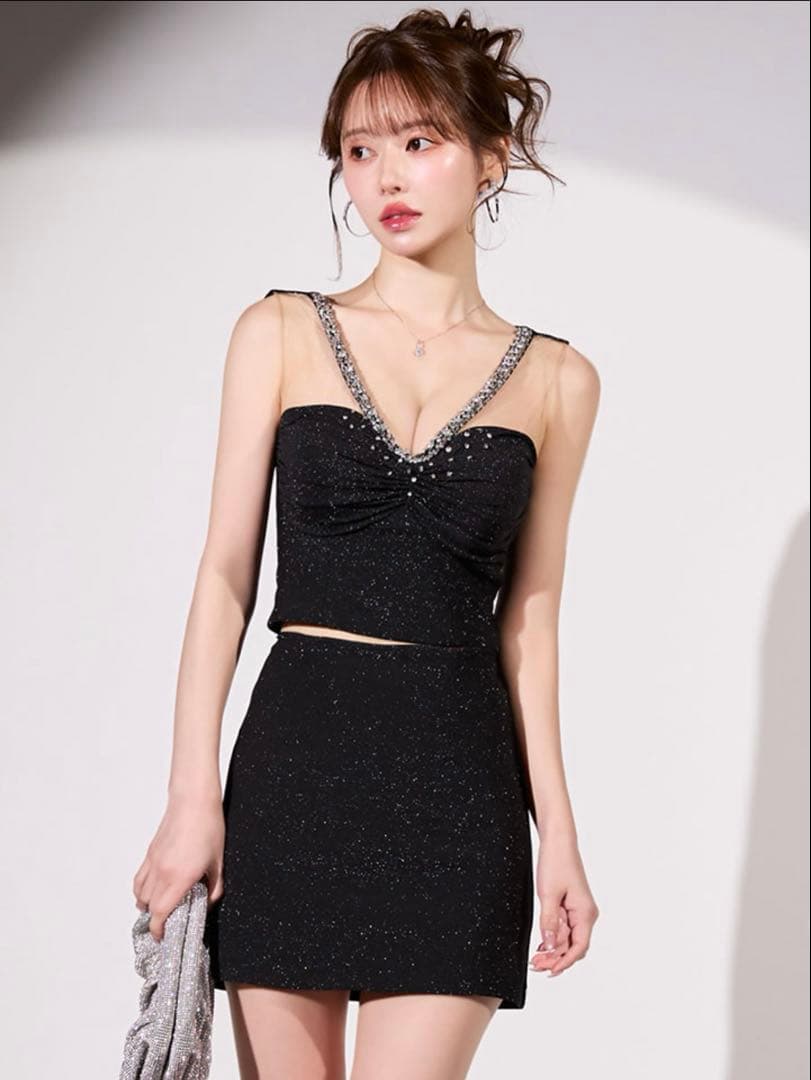 【美品】JEWELS XS シアービジューラメセットアップタイトミニドレス