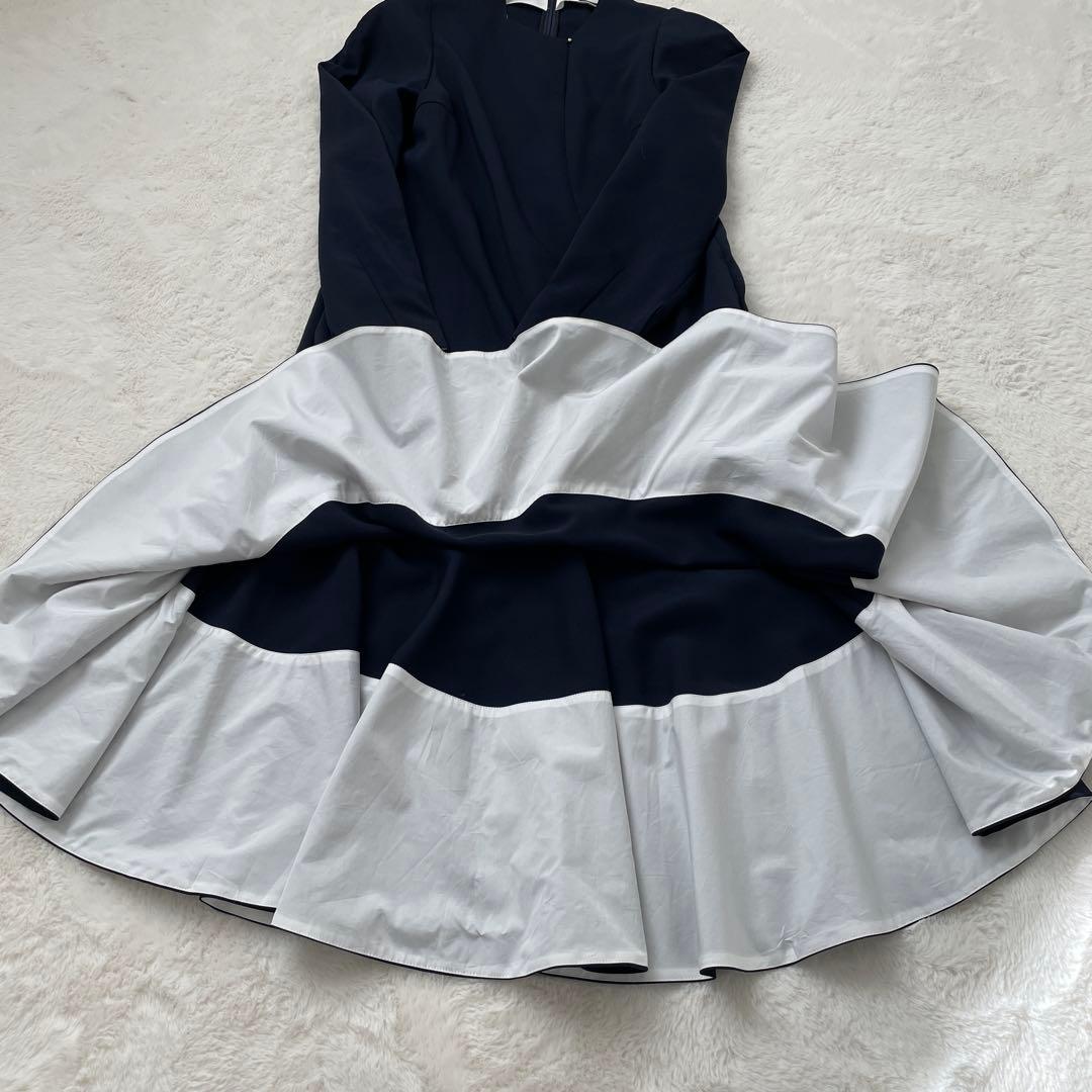 ヴェルメイユパーイエナ　梳毛風　ボリュームペプラム　ワンピース　ネイビー　38