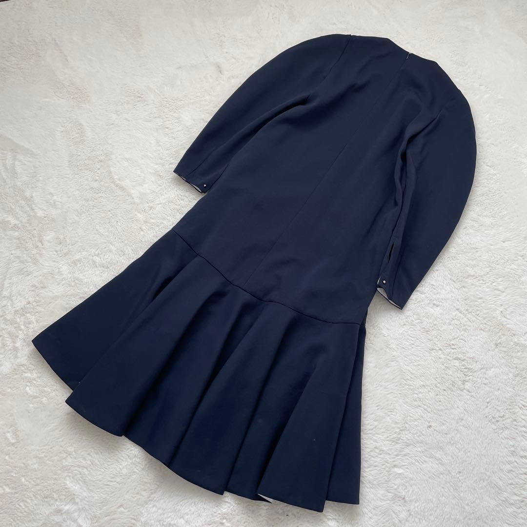 ヴェルメイユパーイエナ　梳毛風　ボリュームペプラム　ワンピース　ネイビー　38