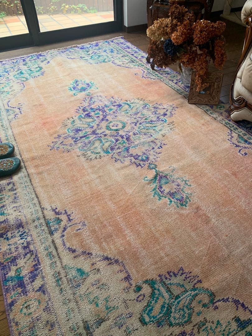 大判　トルコヴィンテージラグ　239×138 オーバーダイ　ペールオレンジ