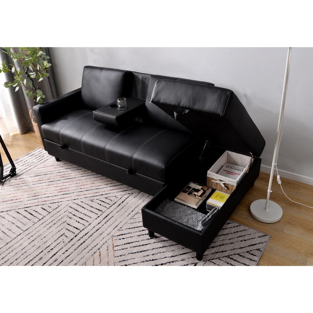 ソファー 3人掛け ソファ 多機能ソファベッド 収納機能 引き出し 【ブラック】