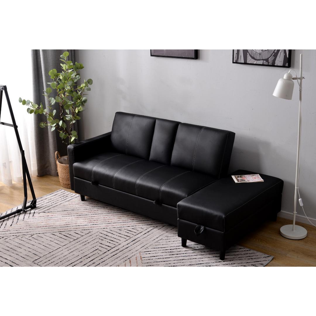 ソファー 3人掛け ソファ 多機能ソファベッド 収納機能 引き出し 【ブラック】