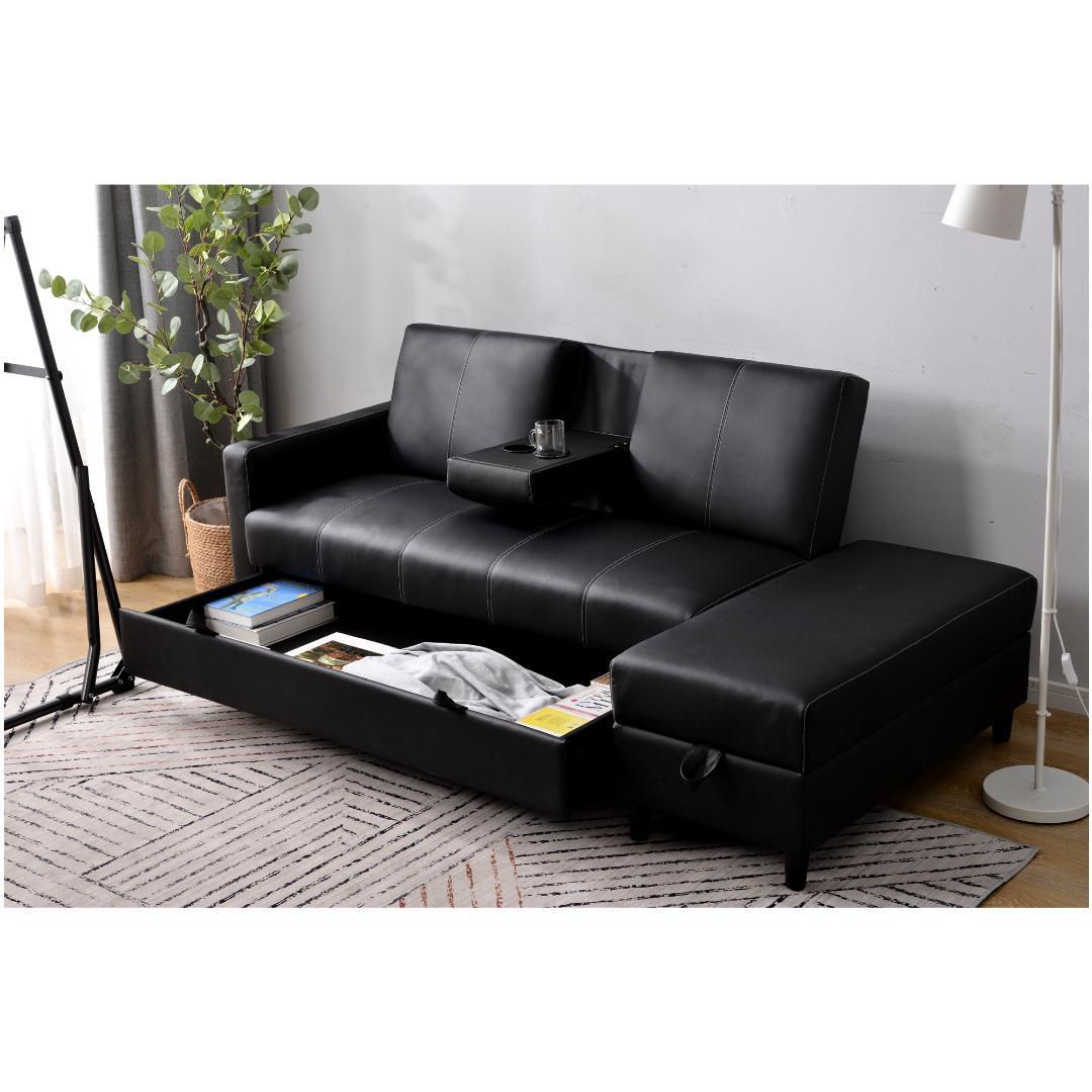 ソファー 3人掛け ソファ 多機能ソファベッド 収納機能 引き出し 【ブラック】
