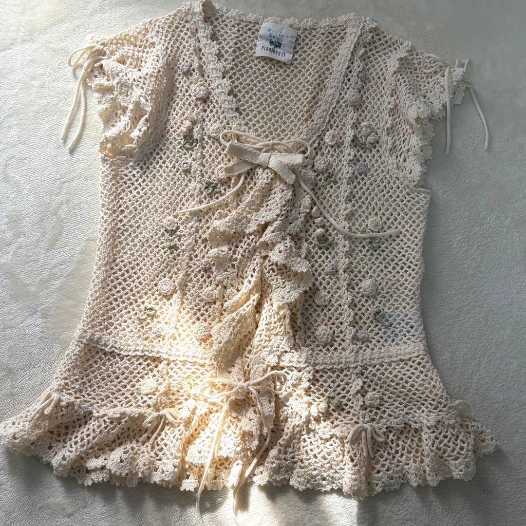 ピンクハウス　鈴蘭モチーフ　ニットベスト　クロシェ編み フリル　リボンP78