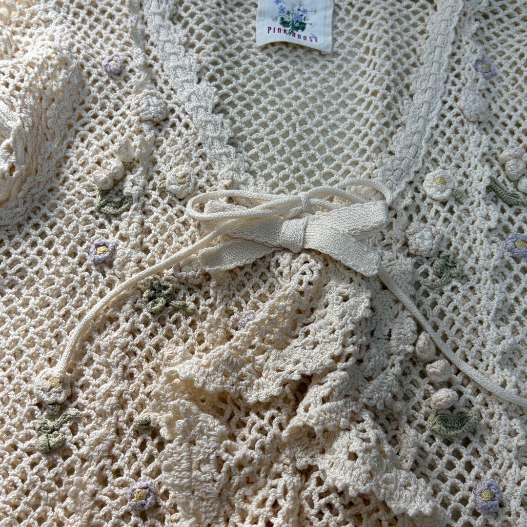 ピンクハウス　鈴蘭モチーフ　ニットベスト　クロシェ編み フリル　リボンP78