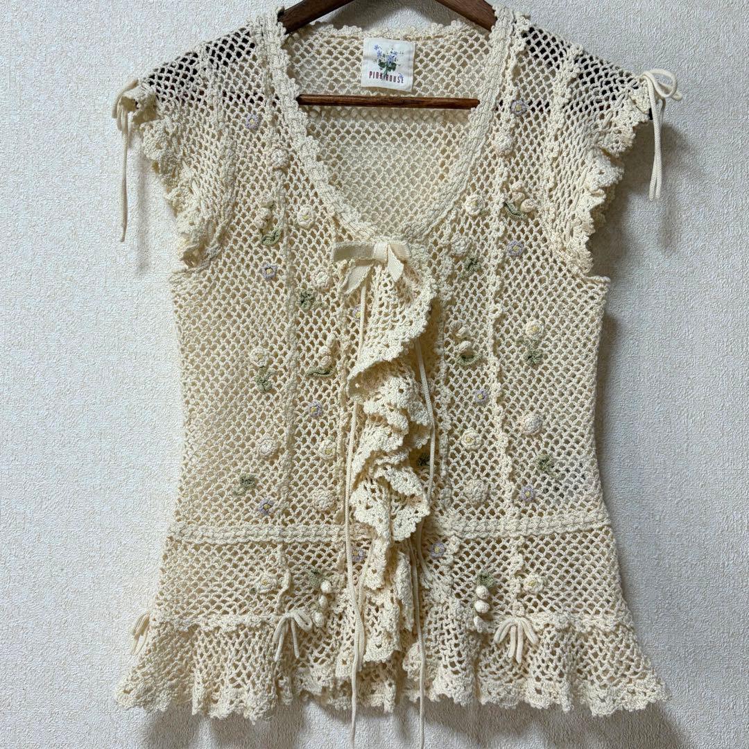 ピンクハウス　鈴蘭モチーフ　ニットベスト　クロシェ編み フリル　リボンP78
