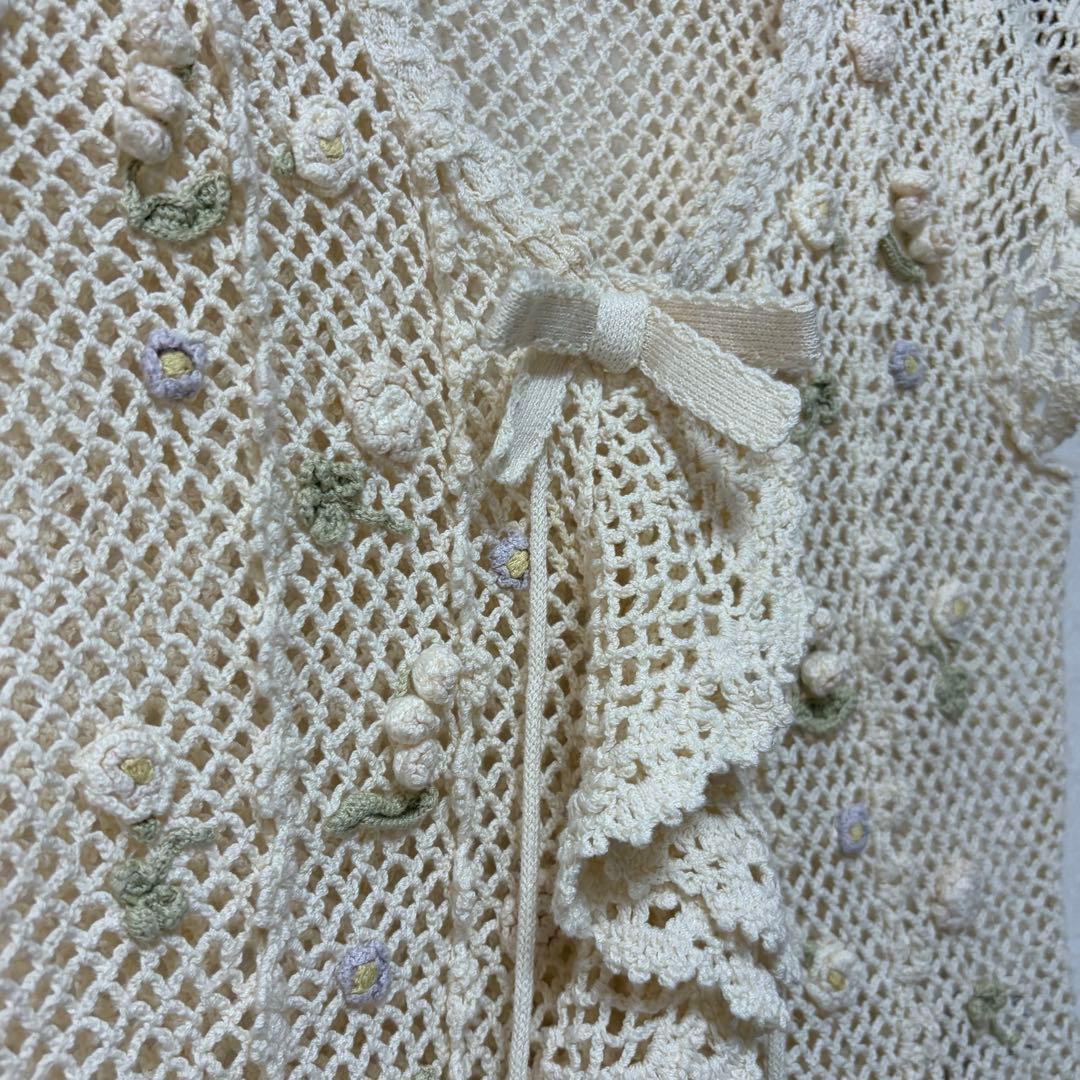 ピンクハウス　鈴蘭モチーフ　ニットベスト　クロシェ編み フリル　リボンP78