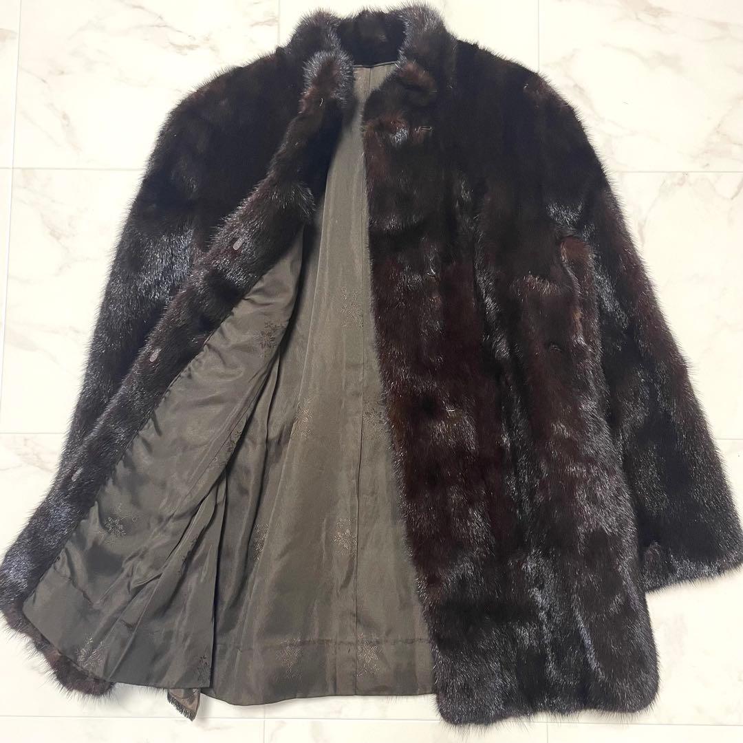 極美品 ミンク 花柄刺繍 リアルファーコート スタンドカラー ミドル丈 L相当