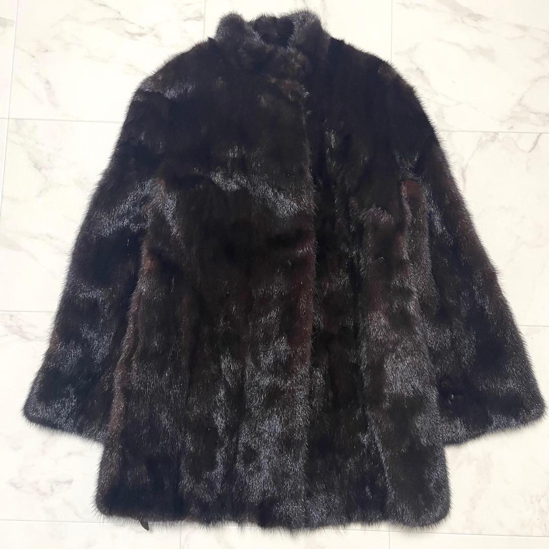 極美品 ミンク 花柄刺繍 リアルファーコート スタンドカラー ミドル丈 L相当