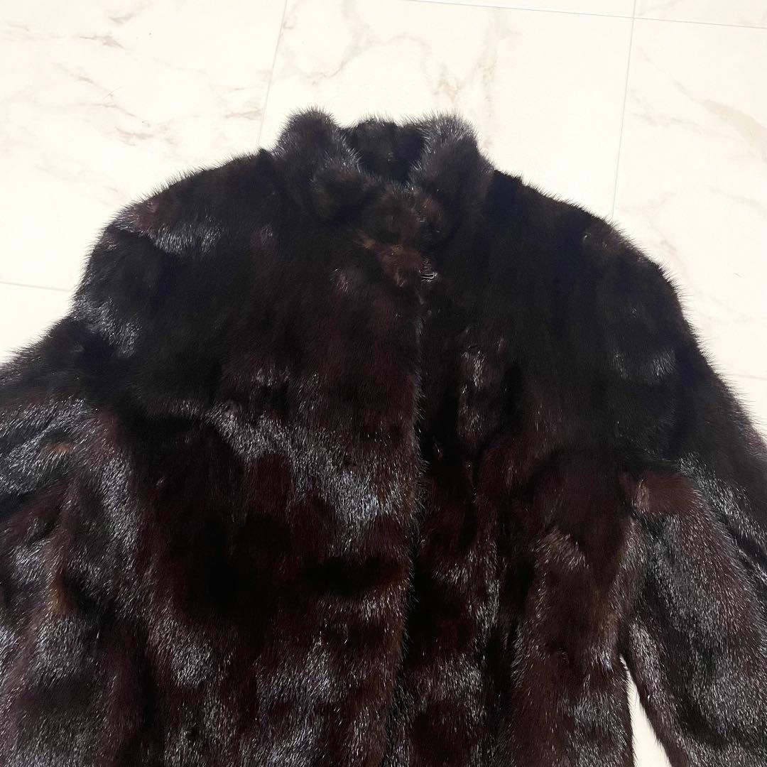 極美品 ミンク 花柄刺繍 リアルファーコート スタンドカラー ミドル丈 L相当