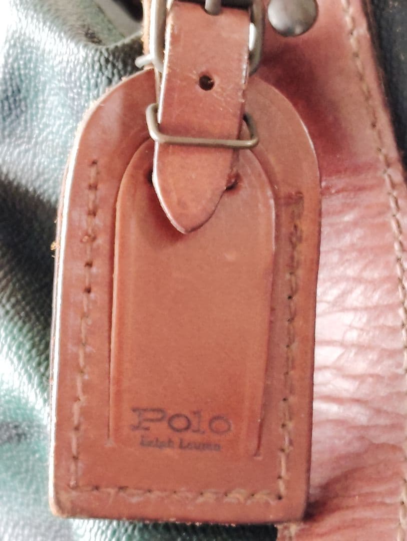 ポロ　ラルフローレン 　チェック柄　レザー　ボストンバッグ　Wファスナー