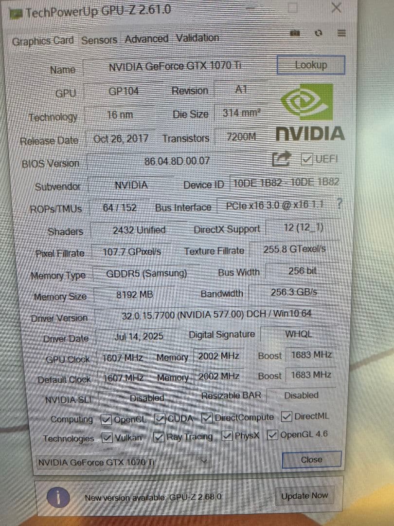【動作確認済み】GTX 1070 Ti グラフィックボード