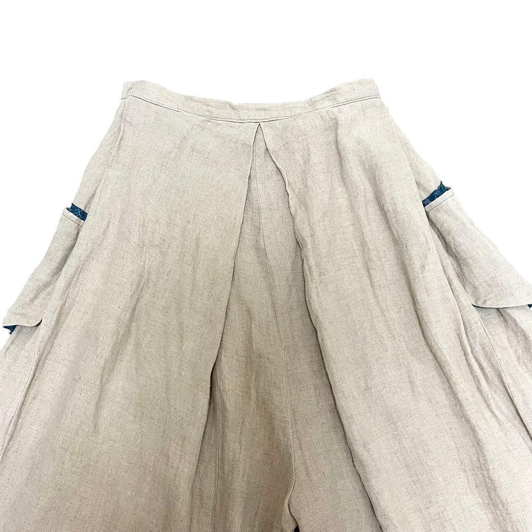 麻100%✨キャピタル バラ釦 藍染風ポケット アシンメトリー裾 ガウチョパンツ
