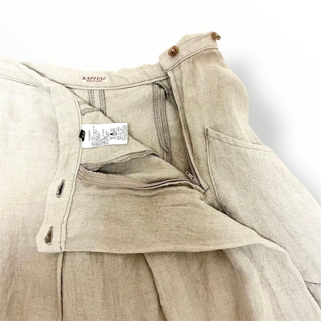 麻100%✨キャピタル バラ釦 藍染風ポケット アシンメトリー裾 ガウチョパンツ