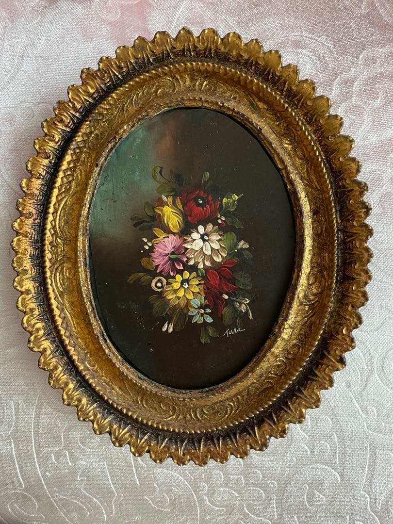 アンティーク☆花束の絵画 金属製フレーム付き