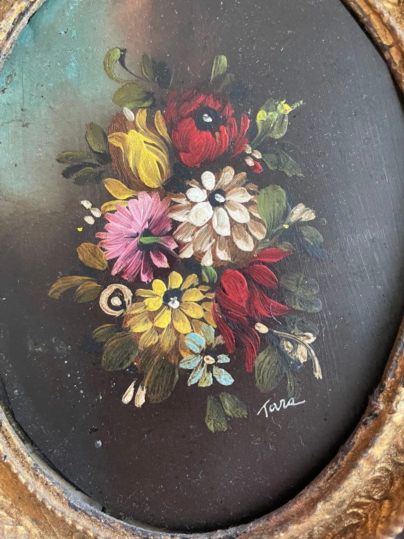 アンティーク☆花束の絵画 金属製フレーム付き