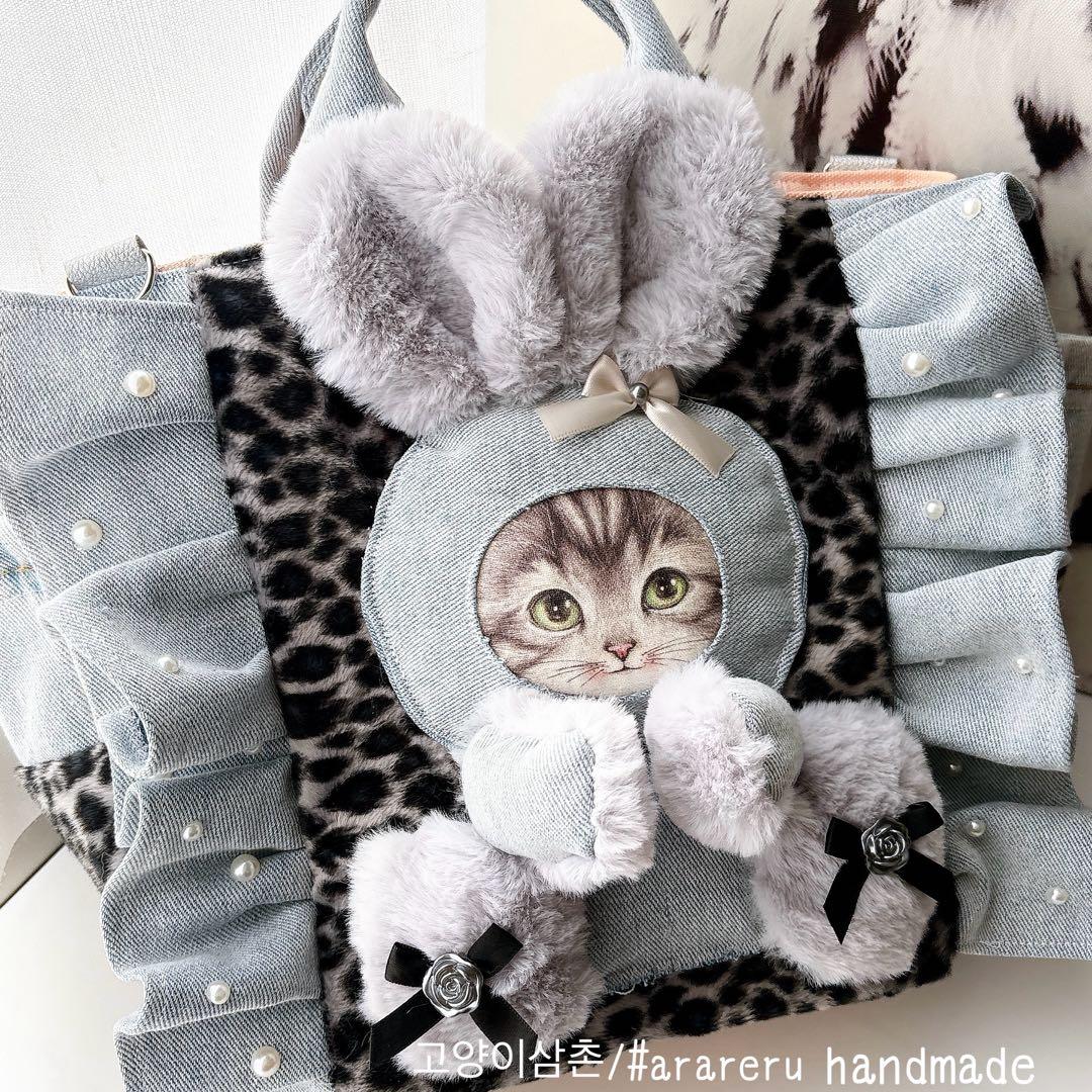 コヤンイサムチョン　バック　デニム×レオパード　パールフリル