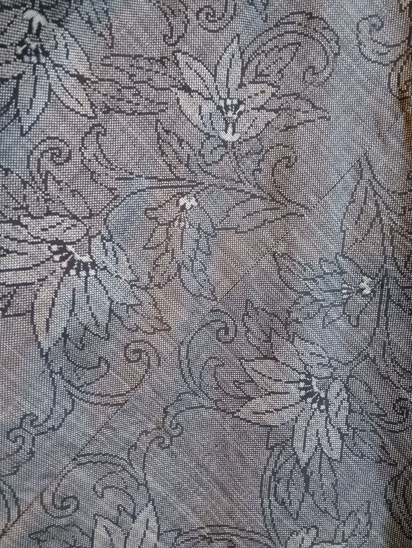 着物リメイク☆大島紬フレアーワンピース☆グレー花柄正絹☆ストールリボン2本付き