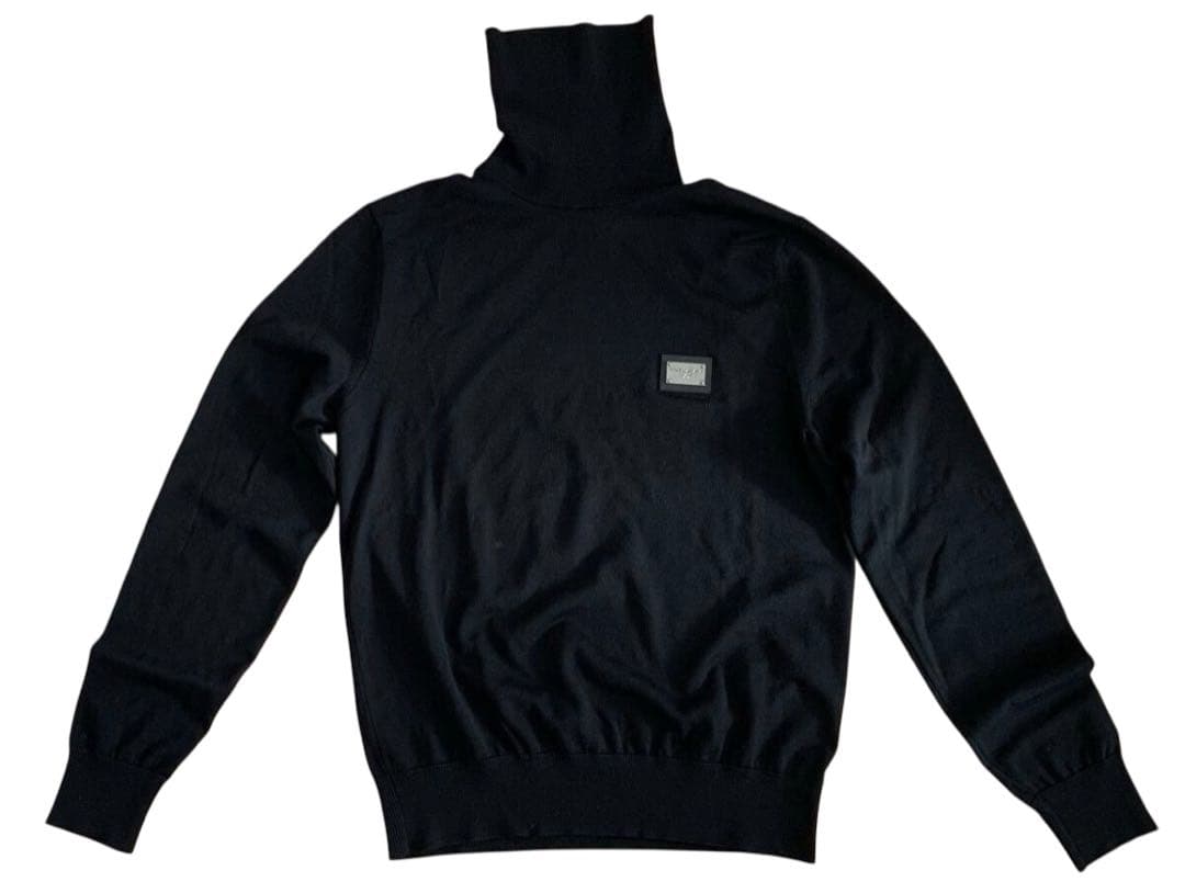 DG 黒 ウール ロゴプレート付き ハイネック リブニット セーター 長袖