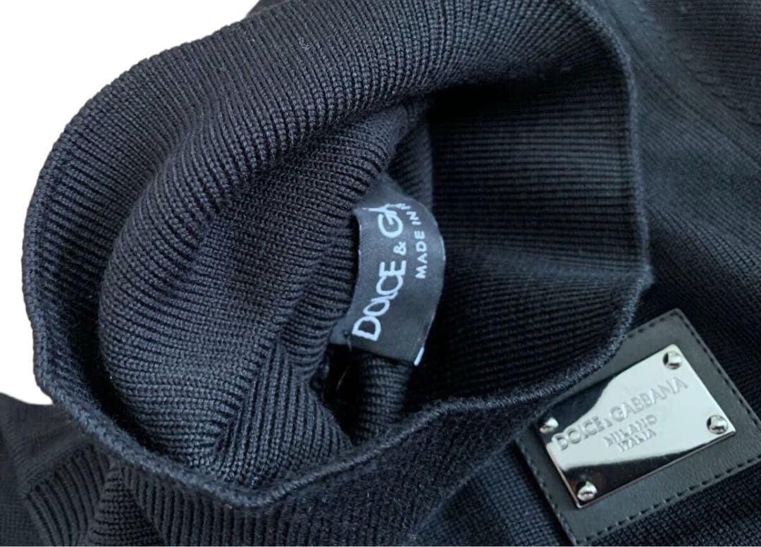 DG 黒 ウール ロゴプレート付き ハイネック リブニット セーター 長袖