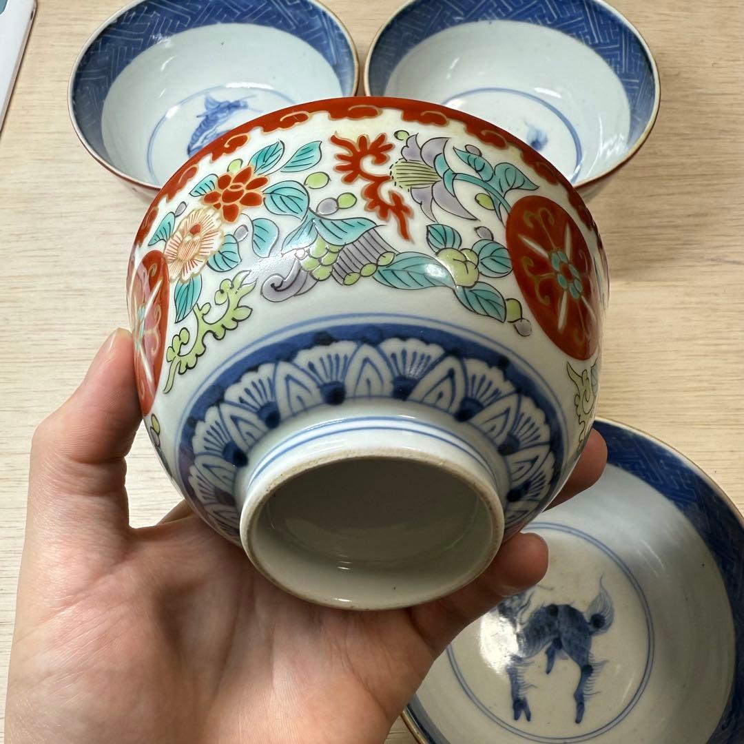 古伊万里 麒麟文 草花文 茶碗 蓋付碗 江戸中期 元禄期 色絵 墨弾き 九谷焼