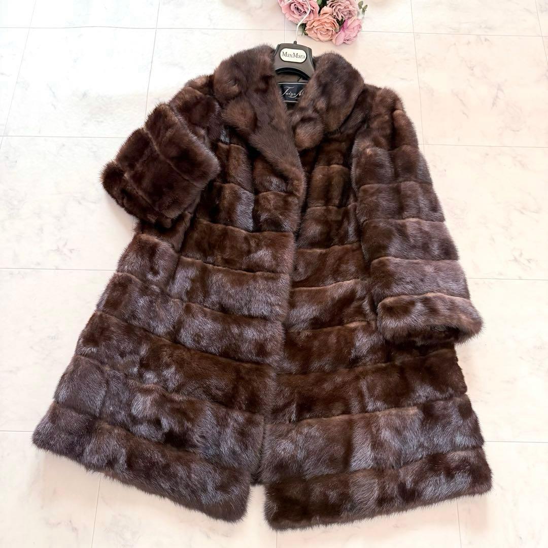 人気デザイン横段◎ミンク ファーコート リアルファー 毛皮 フレア なめし柔らか