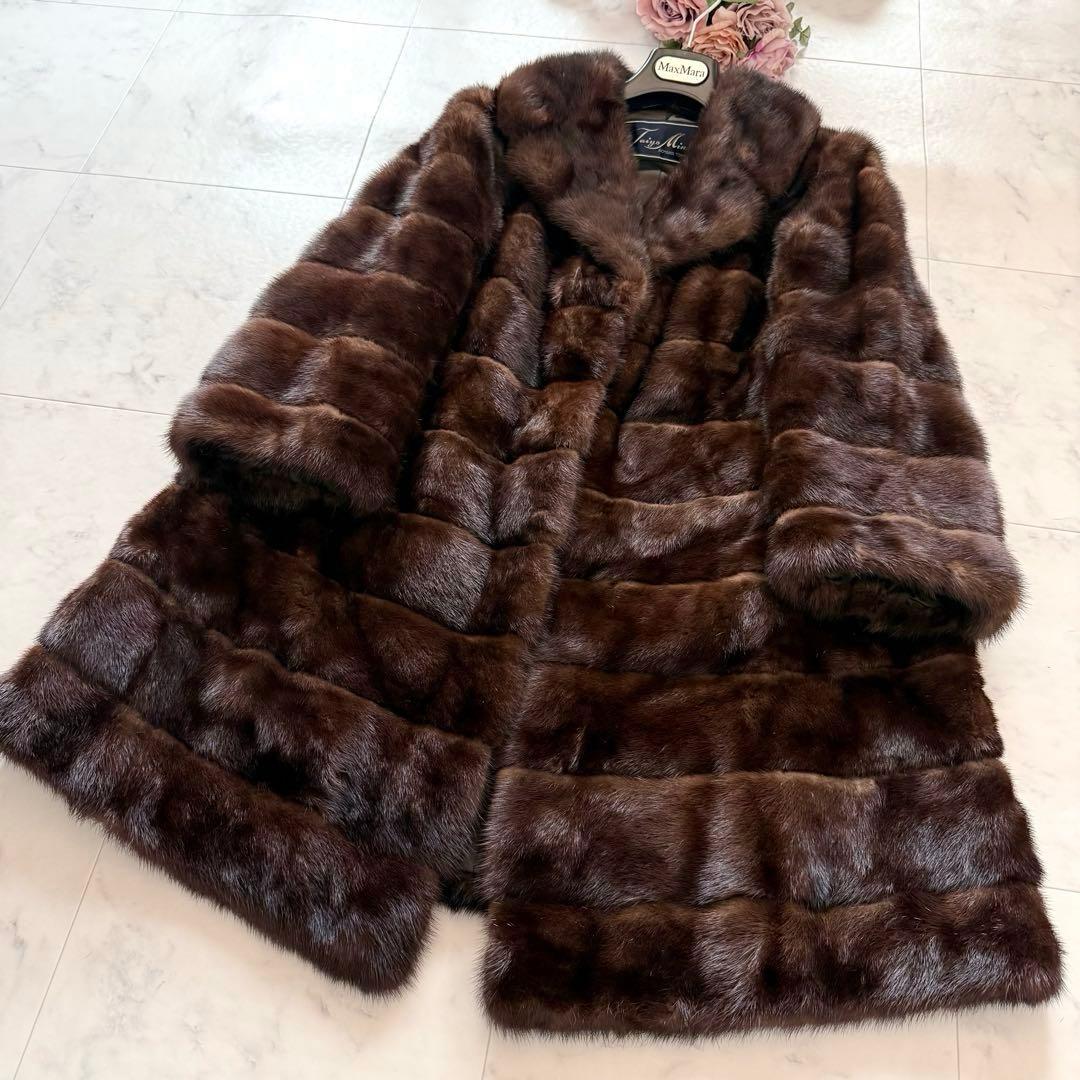 人気デザイン横段◎ミンク ファーコート リアルファー 毛皮 フレア なめし柔らか