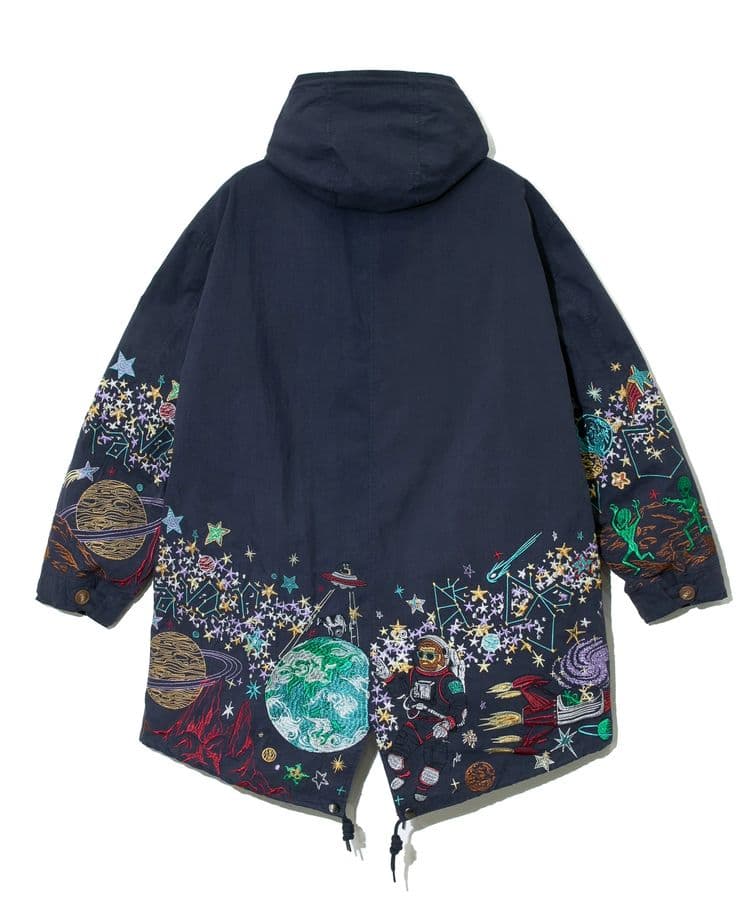 宇宙 ネイビー ロングコート 刺繍モッズコート