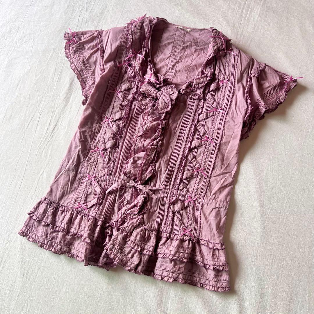 【高級】PINK HOUSE ピンクハウス カットソー 半袖 フリル パープル