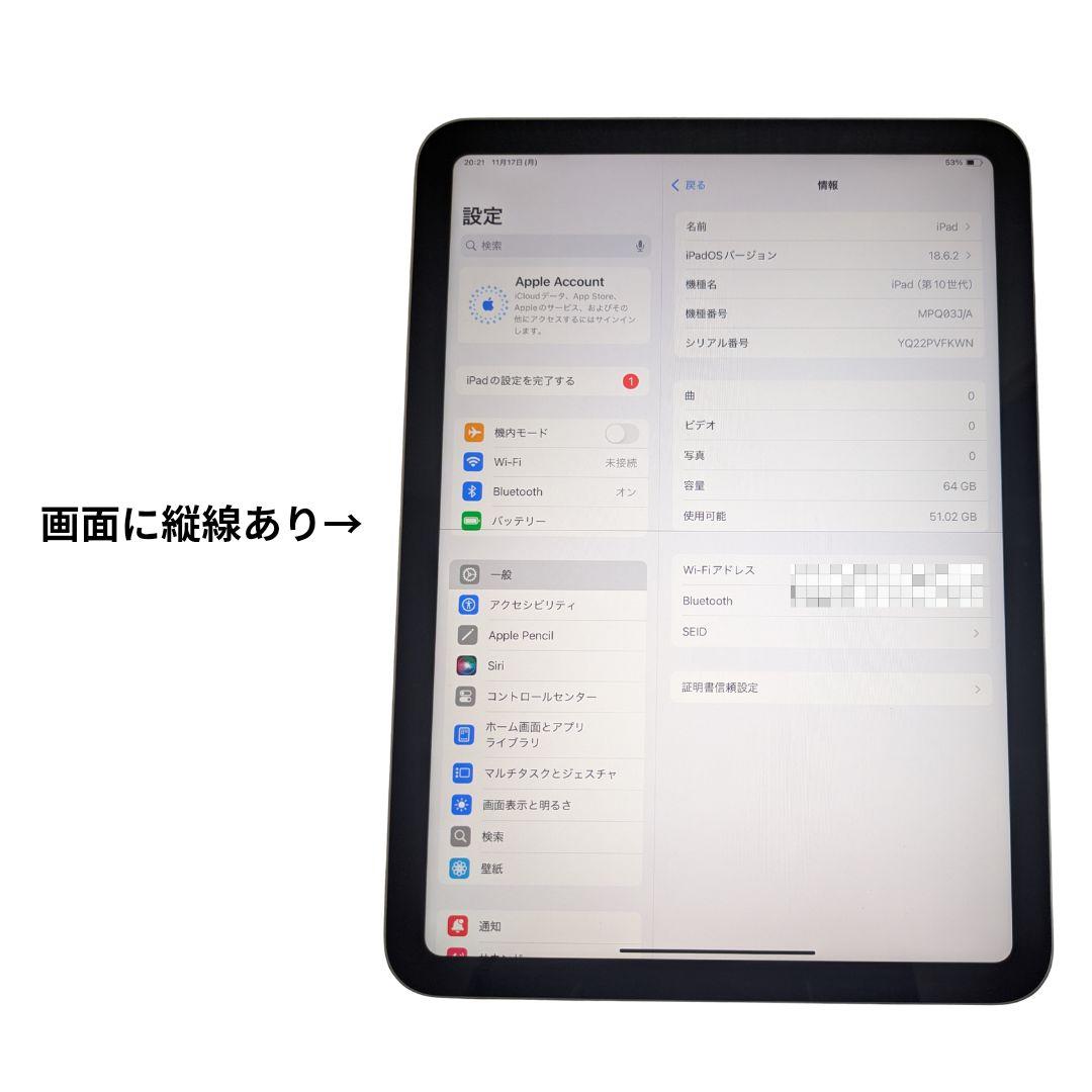 【ジャンク品】iPad 第10世代 64GB Wi-Fi 黒い縦線あり