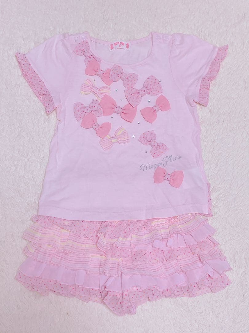 美品メゾピアノ100リボンセットアップピンクTシャツ&フリルスカパンツ2点セット