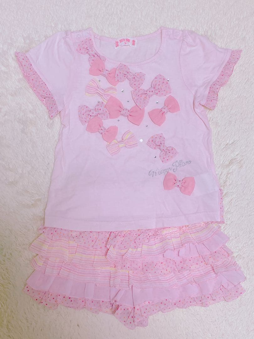美品メゾピアノ100リボンセットアップピンクTシャツ&フリルスカパンツ2点セット
