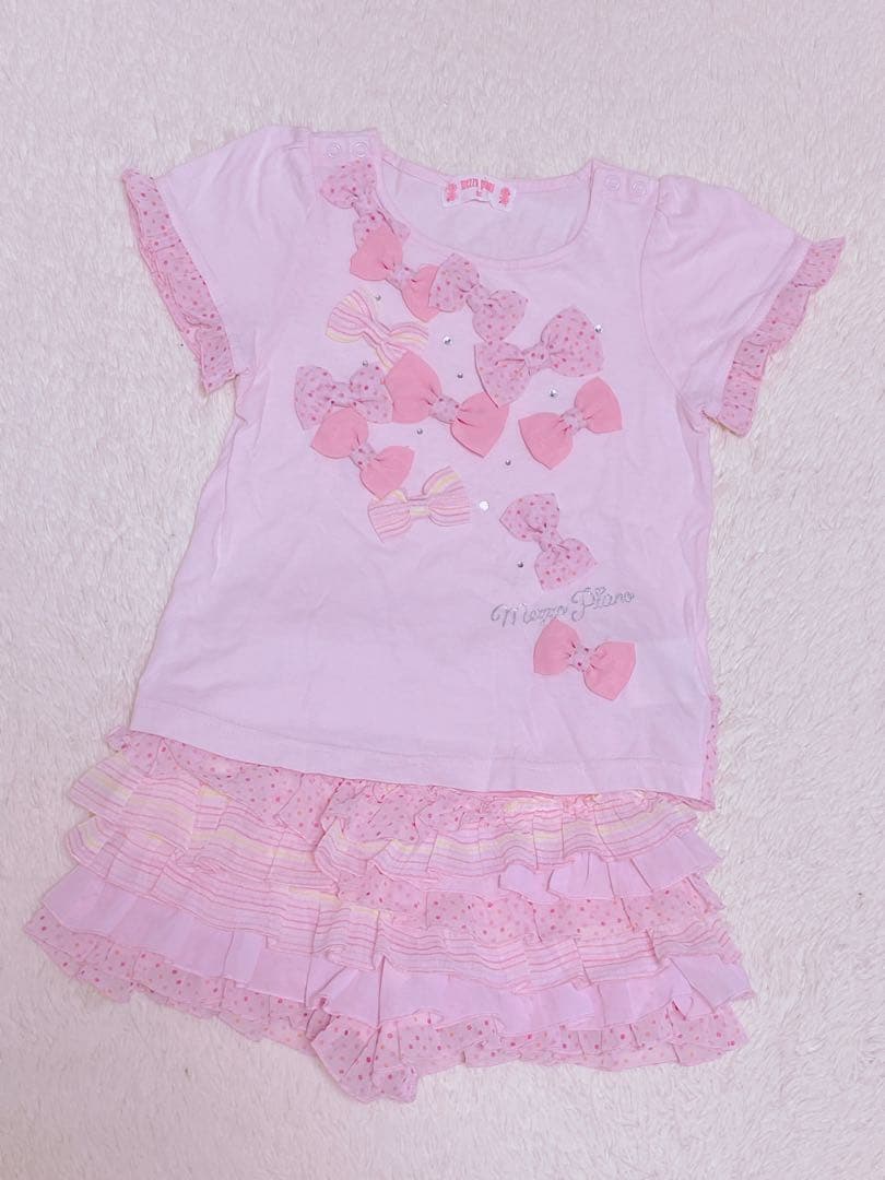 美品メゾピアノ100リボンセットアップピンクTシャツ&フリルスカパンツ2点セット