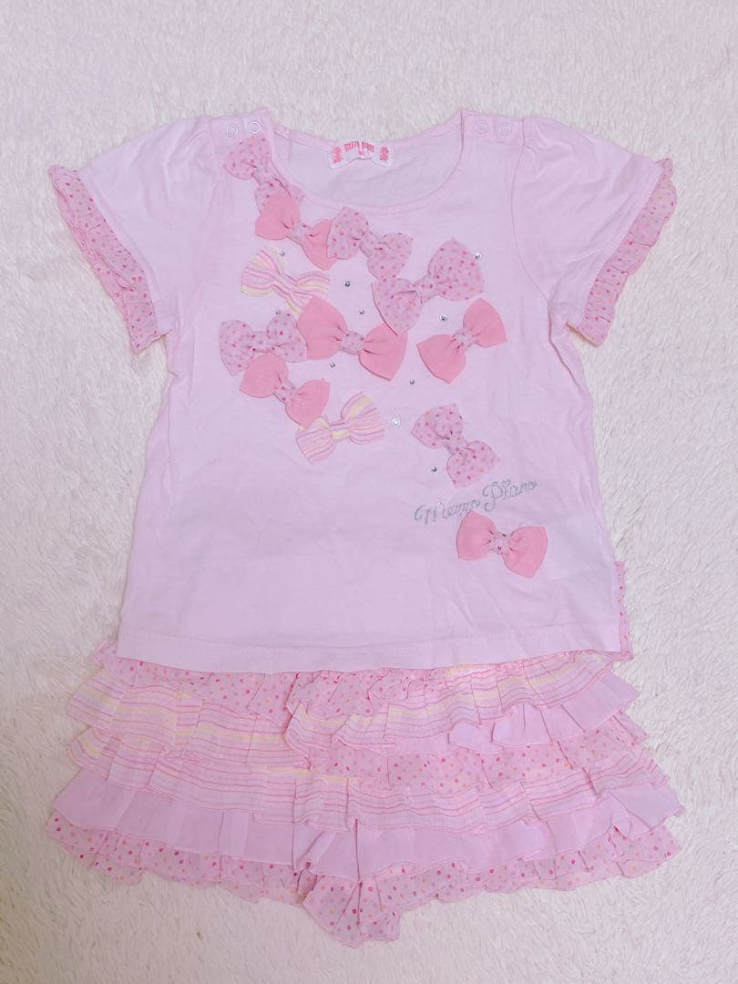 美品メゾピアノ100リボンセットアップピンクTシャツ&フリルスカパンツ2点セット