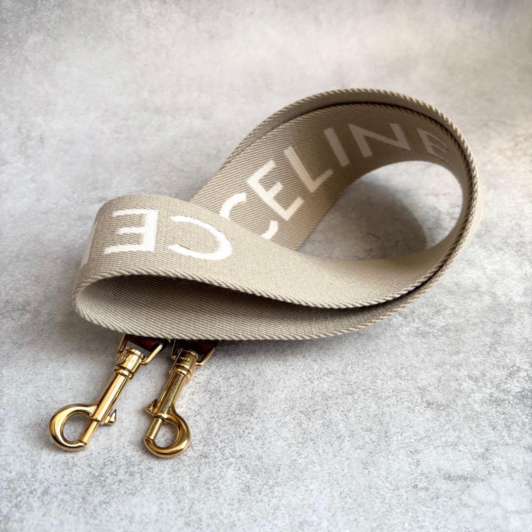 未使用級 CELINE ロゴ ジャカード ロングストラップ ベージュ キャンバス