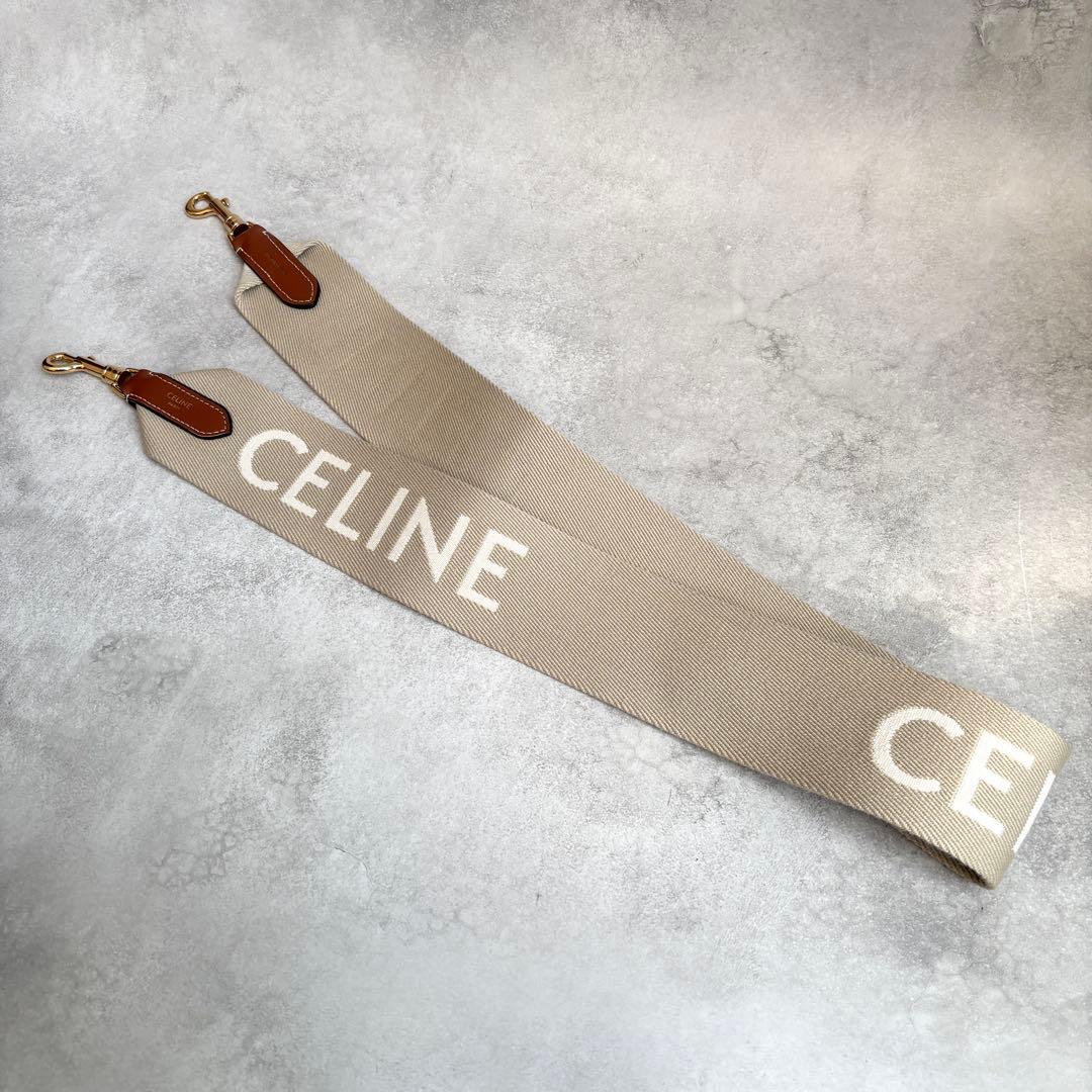 未使用級 CELINE ロゴ ジャカード ロングストラップ ベージュ キャンバス