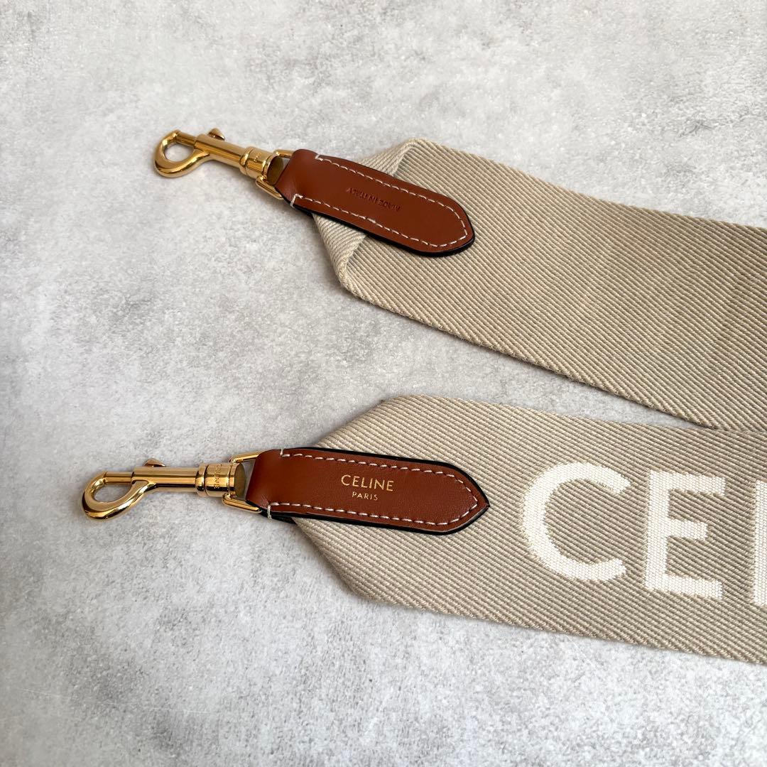 未使用級 CELINE ロゴ ジャカード ロングストラップ ベージュ キャンバス
