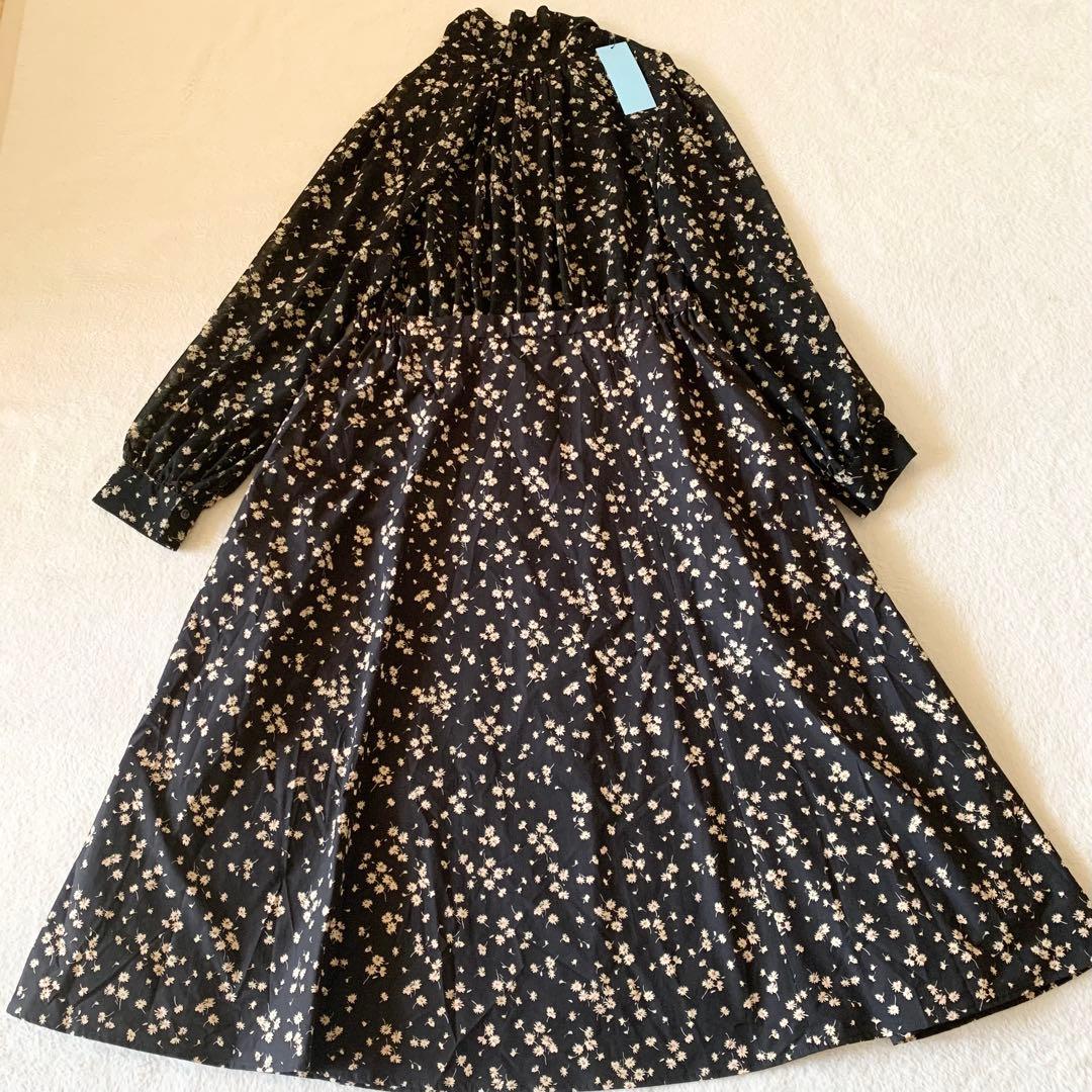 【未使用　タグ付　大きいサイズ】組曲　ボウタイワンピース　シフォン　切替　花柄