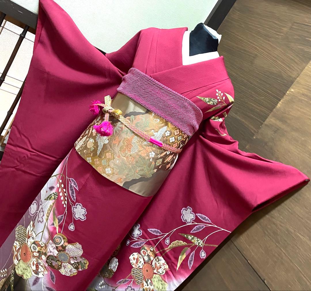 振袖 フルセット6点サイズM〜Ｌ刺繍　吉祥花蝶文　暈し染め　金糸　金彩　正絹