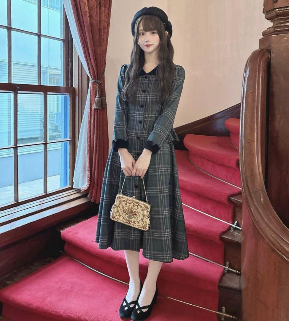 【新品】別珍ラペルペプラムチェックワンピース グリーン