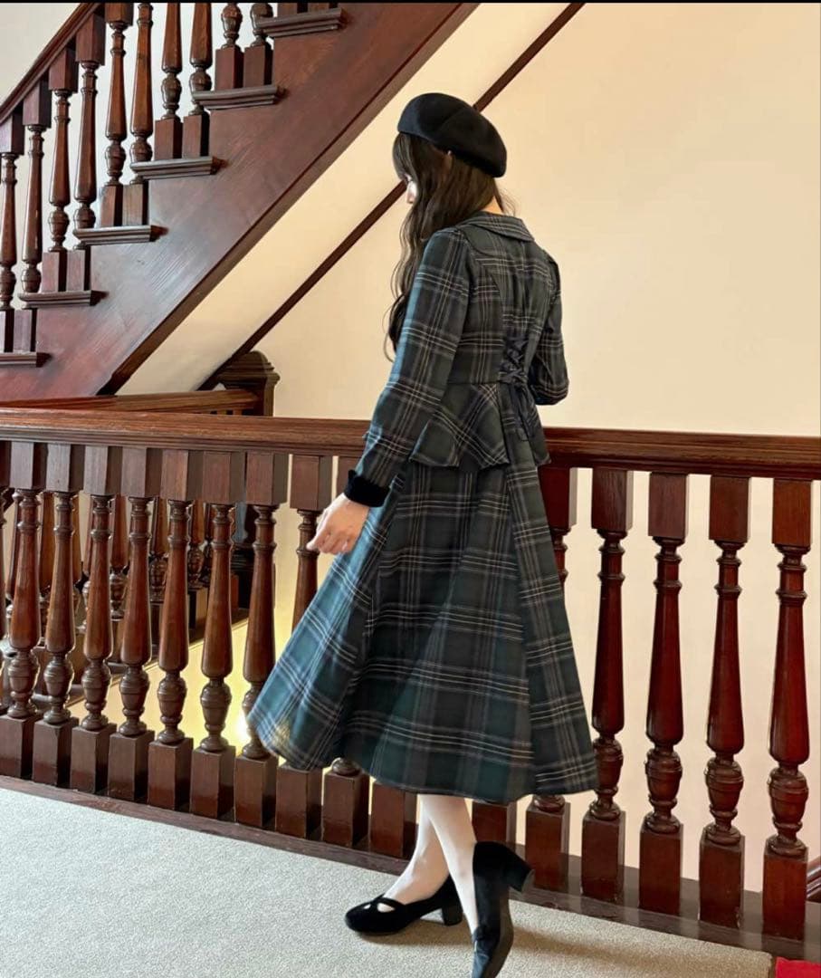 【新品】別珍ラペルペプラムチェックワンピース グリーン