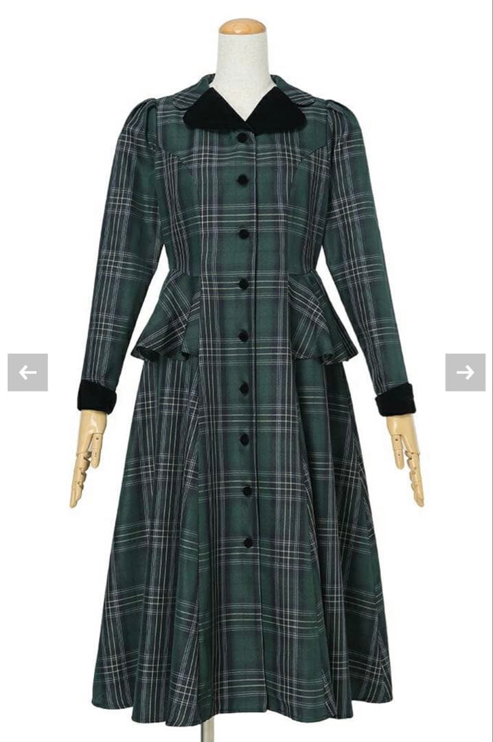 【新品】別珍ラペルペプラムチェックワンピース グリーン