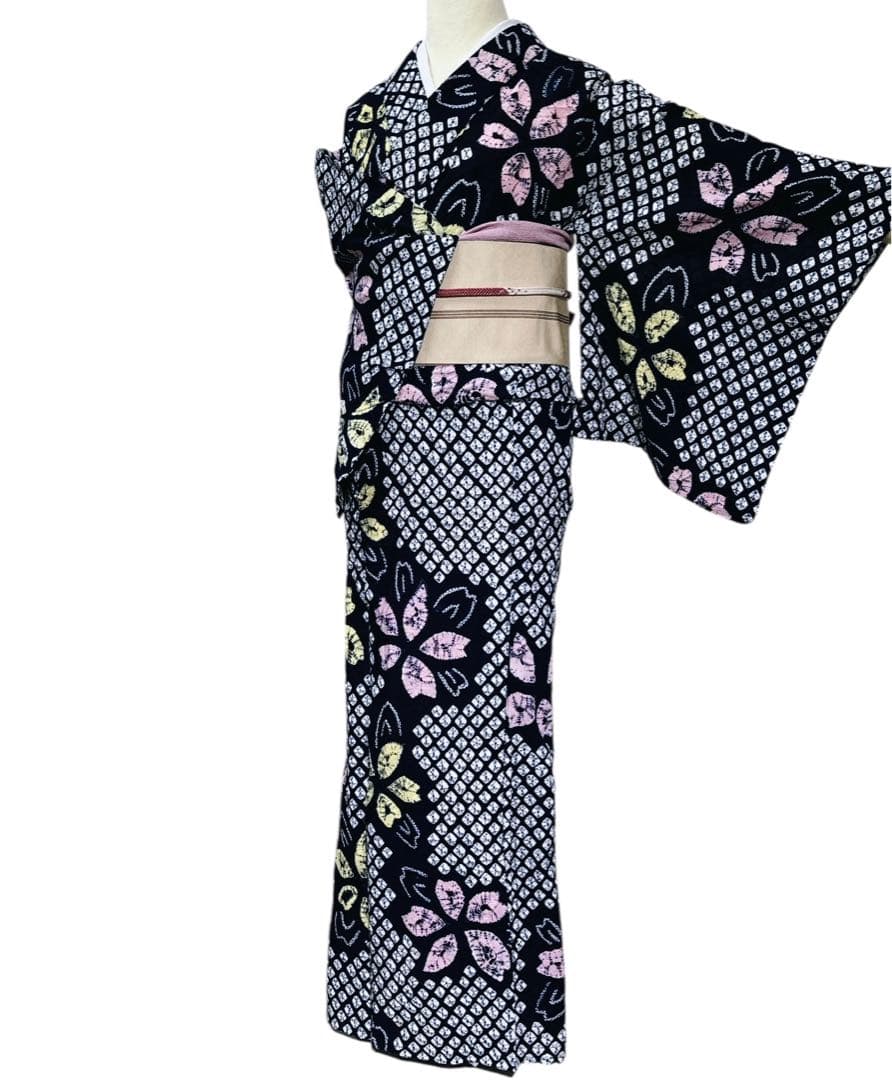 A94有松鳴海絞り 高級浴衣 花 綿　美品　トールサイズ　身丈162cm