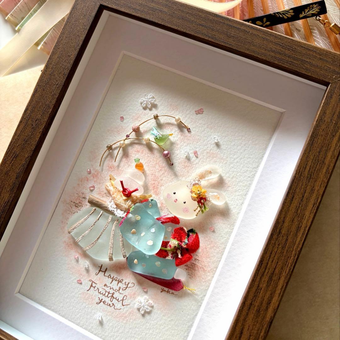 みときち　うさぎのお正月　シーグラスアート