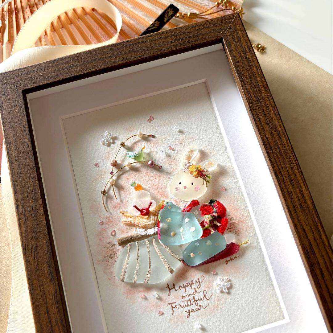 みときち　うさぎのお正月　シーグラスアート