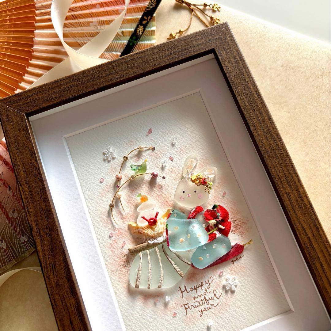 みときち　うさぎのお正月　シーグラスアート