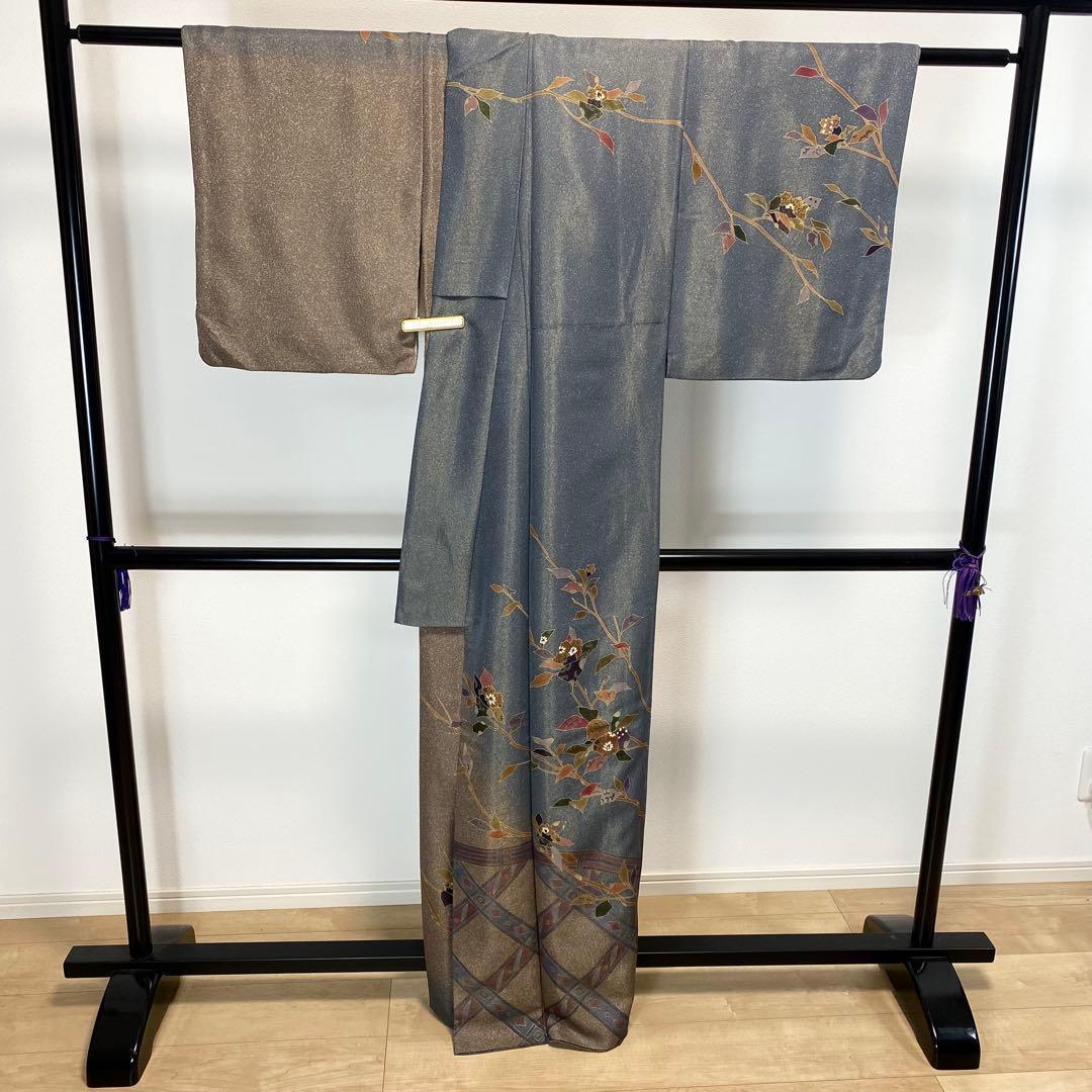 ZY-773 訪問着 叩き染め 金通し 枝と花 垣根 共八掛 逸品 名品